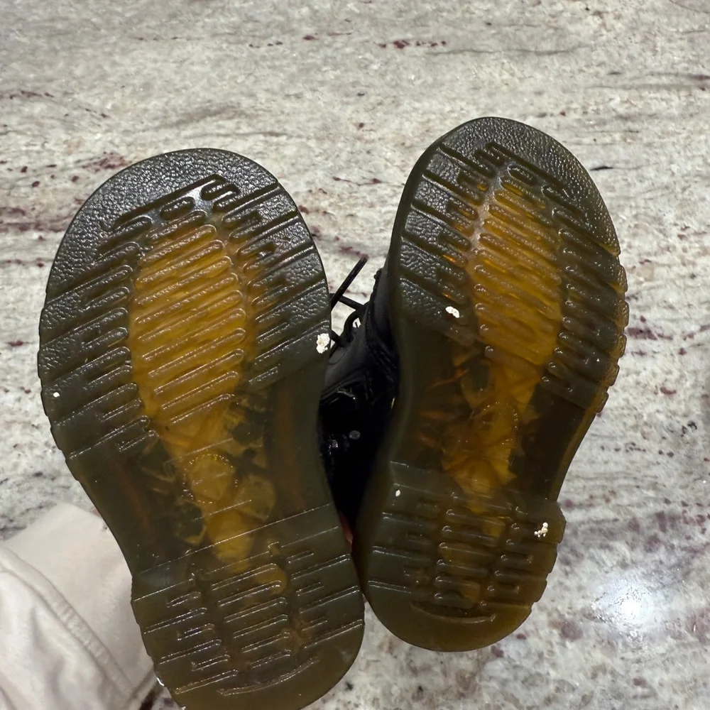 Kids Doc Martens Black Lace-Up Leather Boots with Yellow Stitching